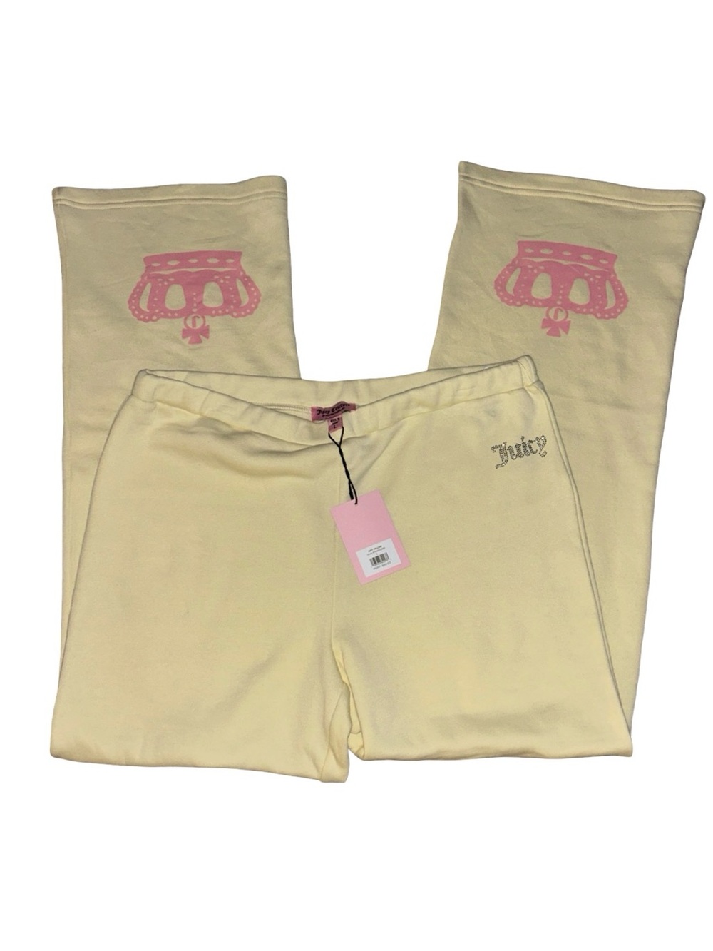 JUICY COUTURE SOFT YELLOW & PINK CROWN FLEECE BLING RHINESTONE SWEATSUIT PANTS